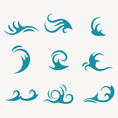 A set of sea wave icons. Water design elements. Symbols of the ocean. Vector graphics.