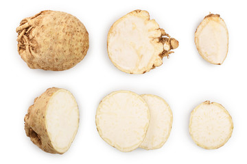 Fresh celery root isolated on white background. Top view. Flat lay. Set or collection