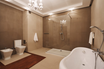 Trendy beige, wooden and white bathroom interior