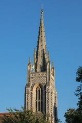 Detail from the tower and spire at the All Saints church in Marlow, Buckinghamshire, UK