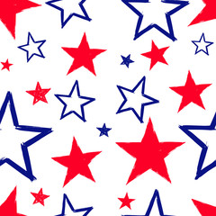 Patriotic American Vector Seamless Pattern with Handdrawn Red and Blue Stars on White Background