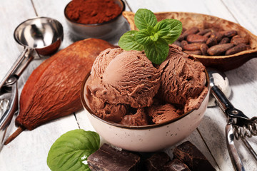 Chocolate coffee ice cream ball in a bowl. ice cream scoop