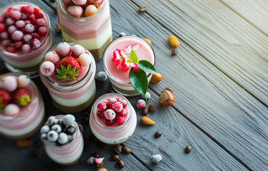 summer berry fitness dessert - three layers of milk jelly pudding, coffee, vanilla and berry