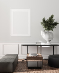 Modern interior, natural pastel colors room background with poster mock up, 3d render