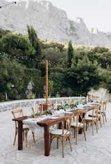 Eco-friendly, wedding decor. Wooden table newlyweds for a party.