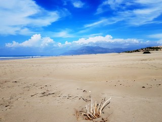 Sandy dunes and beach in Patara on background of mountains and sky. Turkey