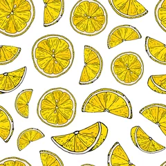 Photo sur Plexiglas Citrons modèle sans couture avec des citrons dessinés à la main sur fond blanc