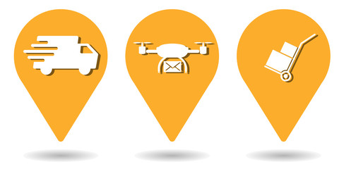 Location pins for post delivery truck, delivery drone and hand truck