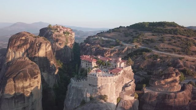 Meteora (Greece) aerial view with mountains, monasteries, forests and fields.