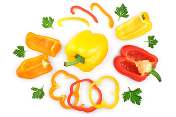 red yellow orange sweet bell pepper isolated on white background. Top view. Flat lay