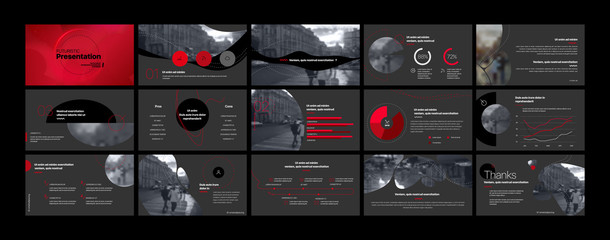 Presentation template, red and black infographic elements. Vector slide template for business project presentations and marketing.