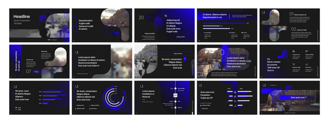 Presentation template, blue and black infographic elements. Vector slide template for business project presentations and marketing.