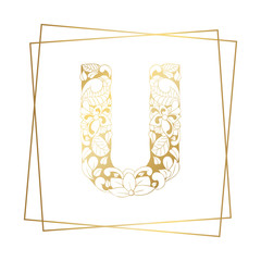 Golden and White Floral Ornamental Alphabet, Initial Letter U Font with Modern Stylized Frames. Abstract Lines Poster. Vector Typography Symbol for Gold Wedding. Monograms Isolated Design