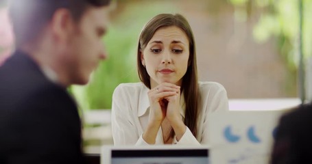 4K Nervous businesswoman sitting in silence at job interview. Slow motion.
