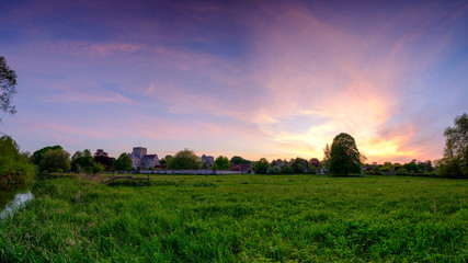 Spring sunset over St Cross Hospital, Winchester, Hampshire, UK