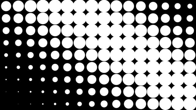 Halftone texture. Gradient effect with circle dots. Horizontal movement of halftones. Abstract black white motion background. Seamless looping animation.