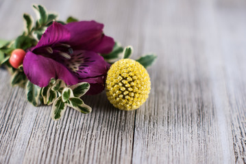 Close up of a boutonniere of a dark pink flower, yellow flower, and green leaves on a gray wood background