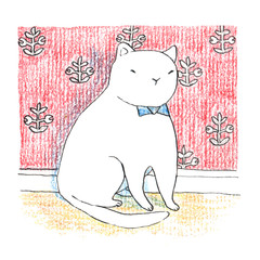 Fat funny white cat sitting near the red wall. Hand drawn illustration by color pencils and ink.