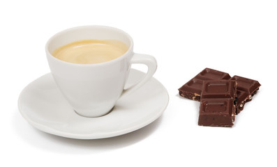 Cup of coffee and piece of chocolate on white background, isolated