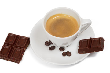 Cup of coffee and piece of chocolate and coffe beans on white background, isolated