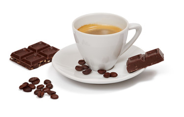 Cup of coffee and piece of chocolate and coffe beans on white background, isolated