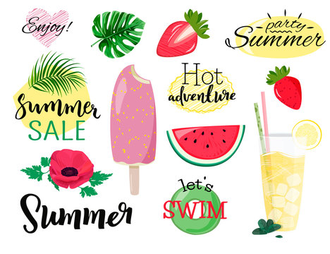 Summer vector collection. Set of hand drawn images ice cream, lemonade, watermelon, summer sale, anemone flower.