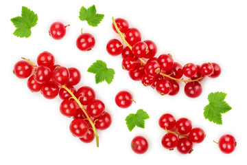 Red currant berry with leaf isolated on white background. Top view. Flat lay pattern