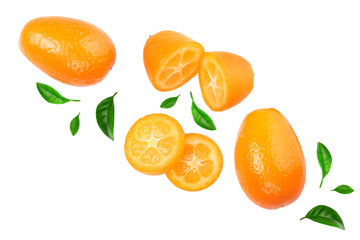Cumquat or kumquat with slies isolated on white background. Top view. Flat lay