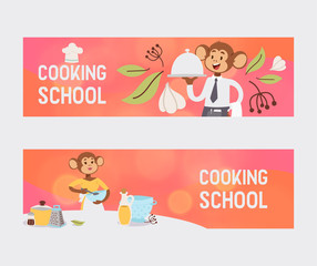 Monkey like people character vector illustration. Wild cartoon animal playing cooking and eating meal. Professional master prepare food banner. Animal primate in uniform cook diet food.