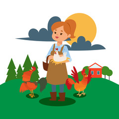 Woman live and work on farm vector illustration. Chicken farm girl poster. Happy animals raw food store. Organic products summer hen on garden nutrition. Smiling farming character.