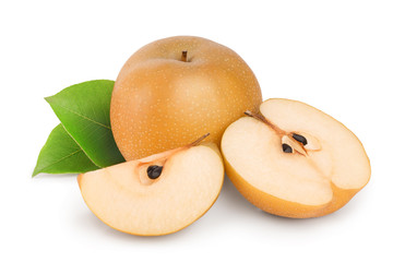 Fresh asian pear with leaf isolated on white background