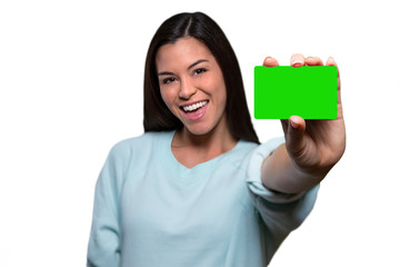 Beautiful smiling asian american woman excited for new credit card, loan, bank, financial, debit,...