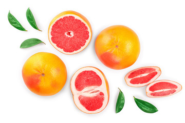 Fototapeta na wymiar Grapefruit and slices with leaves isolated on white background. Top view. Flat lay pattern