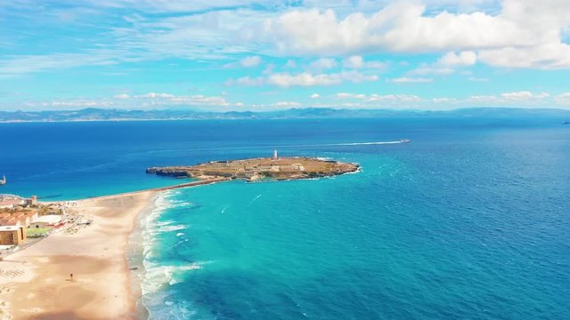 Aerial scenic view of Tarifa city Spain Mediterranean Sea and Ocean Atlantic.