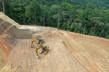Logging. Aerial drone view of deforestation environmental problem. Rainforest in Malaysia	