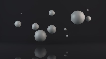 3D illustration of many white balls. The spheres are located randomly, randomly in the space above the reflecting surface. 3D rendering, abstraction, abstract, futuristic background.