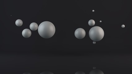 3D illustration of many white balls. The spheres are located randomly, randomly in the space above the reflecting surface. 3D rendering, abstraction, abstract, futuristic background.