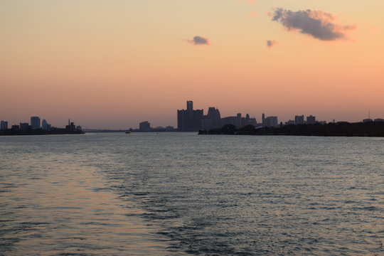 Sunset over Detroit Skyline. Picture taken from Windsor shore 