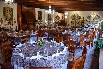 Cusco, Peru - Oct 13, 2018: Antiques and colonial art on display at the Hacienda Huayoccari in Cusco's Sacred Valley