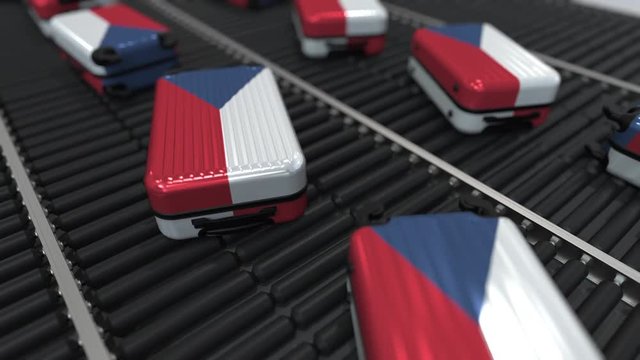 Many travel suitcases featuring flag of the Czech Republic. Tourism related conceptual animation
