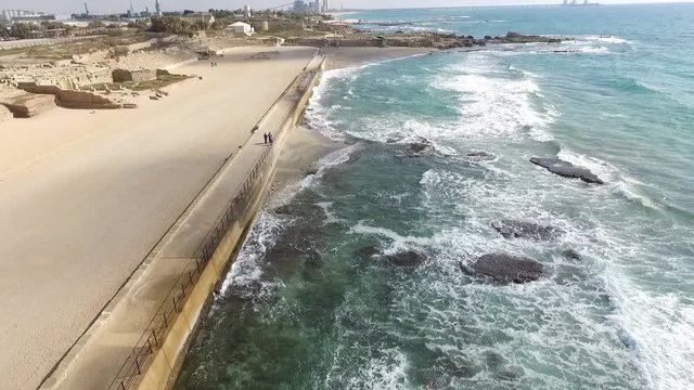 Flying over the shore line to the Caesarea Palace Ruins. Israel. DJI-0015-04