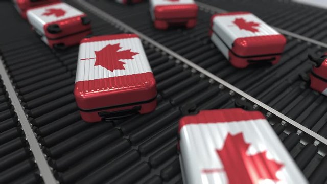 Many travel suitcases featuring flag of Canada. Canadian tourism conceptual animation
