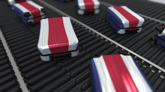 Many travel suitcases featuring flag of Costa Rica. Tourism conceptual animation