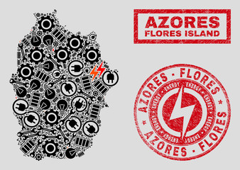 Composition of mosaic power supply Flores Island of Azores map and grunge stamp seals. Mosaic vector Flores Island of Azores map is designed with workshop and power symbols. Black and red colors used.