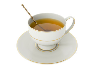 Antique white porcelain cup with tea, gold tea spoon on white. 3D Illustration