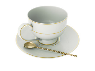 Antique white porcelain cup with gold, gold tea spoon on white. 3D Illustration