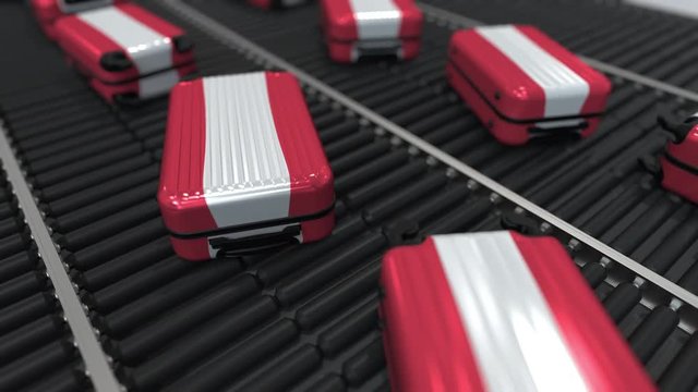 Many travel suitcases featuring flag of Austria. Austrian tourism conceptual animation