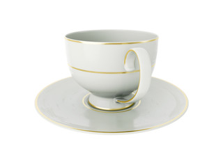 Isolated antique porcelain cup with gold on white background. 3D Illustration
