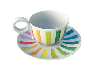 Porcelain colorful striped cup isolated on white background. 3D Illustration.