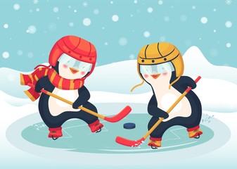 Fototapeta premium penguin play ice hockey in the winter